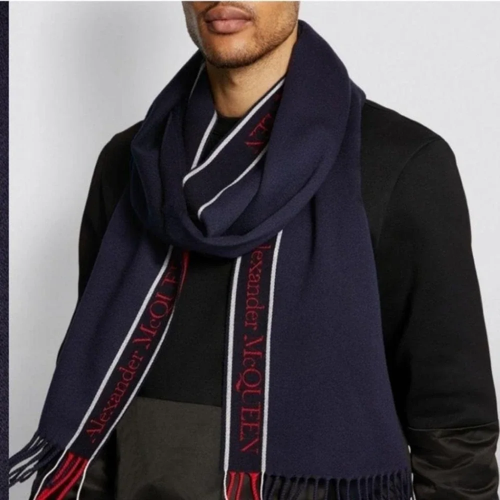 ALEXANDERw MCQUEEN Fringe Wool & Cashmere Scarf, Navy/Red, NWT
